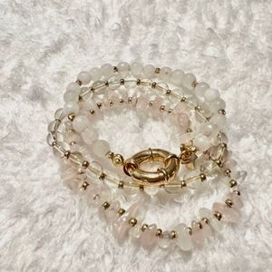 Lot of 3 Light Pink Coral & Round Beads Gold Tone Spacers Elastic Bracelets